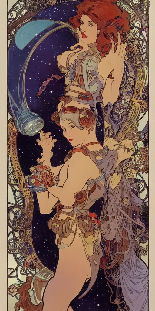 Image similar to a woman wearing outer space as a dress, pouring water from a vase into the milky way, by joe madura, by alphonse mucha, battle chasers.