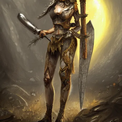 Prompt: Woman with yellow eyes wielding an axe inside a decaying ancient fantasy temple. She wears a rusty silver armor, trending on artstation, dark fantasy, concept art