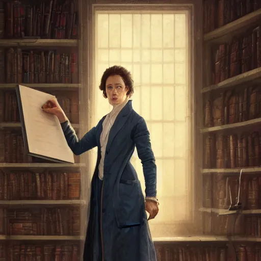 Prompt: a character portrait of a lady doctor in the original form series by margaret ward, year 1 8 0 0, illustration, standing in front of a book!!! shelf!!!, facing the camera, by greg rutkowski