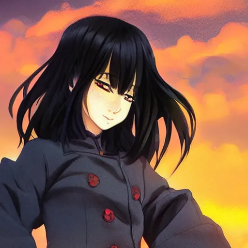 Prompt: black - haired anime girl, 1 7 - year - old anime girl with long bob cut, gothic jacket, golden hour, partly cloudy sky, red clouds, orange sky, strong lighting, strong shadows, vivid hues, ultra - realistic, sharp details, subsurface scattering, intricate details, art by artgerm, greg rutkowski, 2 0 1 9 anime screenshot