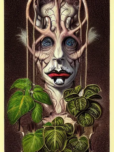 Prompt: The Hanging-Gardens of Pareidolia, ivy, verbena and pothos growing facial features and optical-illusions!!!!!, aesthetic!!!, by Gerald Brom in the style of Johfra Bosschart in the style of,