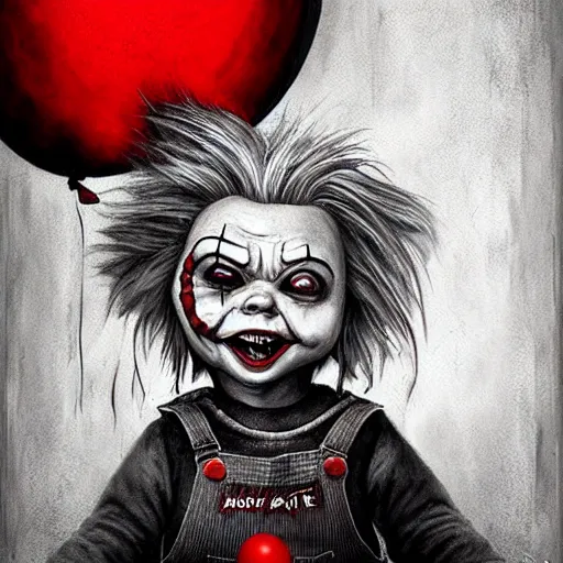 Prompt: surrealism grunge cartoon portrait sketch of chucky with a wide smile and a red balloon by - michael karcz, loony toons style, pennywise style, horror theme, detailed, elegant, intricate