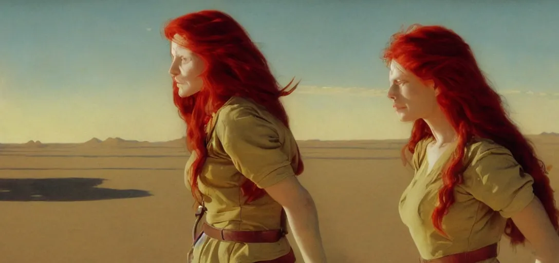 Prompt: portrait of nurses with long red hair, blazing sun, in a huge desert, big budget sci - fi by emile friant and moebius