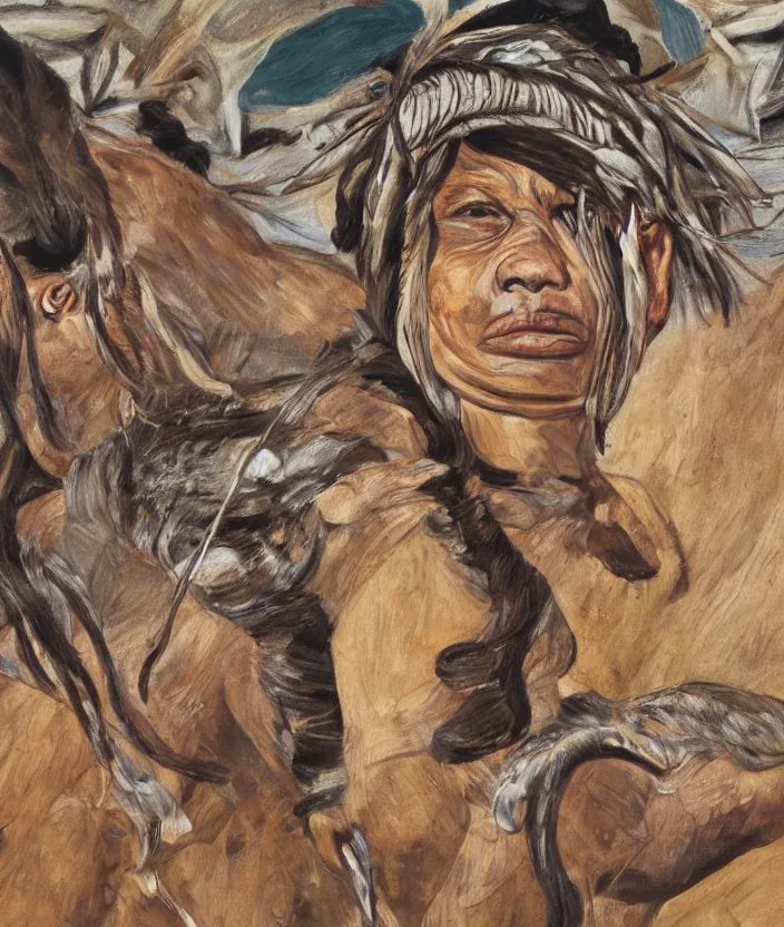 Image similar to indigenous woman hunting, painted by lucian freud, hd, super detailed, realistic, muted colors