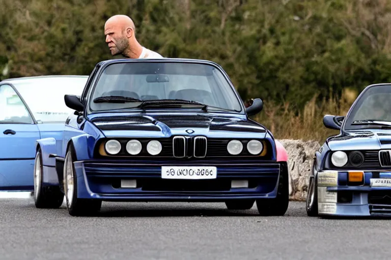 Image similar to Angry Jason Statham picks up BMW e30