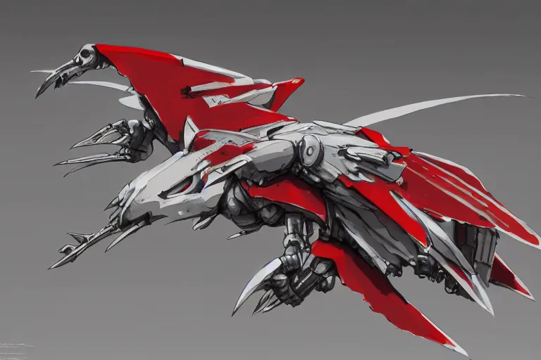 Image similar to a pteranodon mecha interceptor, white john berkey armor panels, wine-red and grey trim, skull insignia, robotech styling with Kanji markings, boeing concept art painting, cinematic lighting, amazing lifelike cinematic photo render