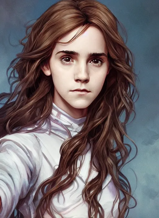 Image similar to hermione! granger! at hogwarts!!!! by emma watson. beautiful detailed face. by artgerm and greg rutkowski and alphonse mucha