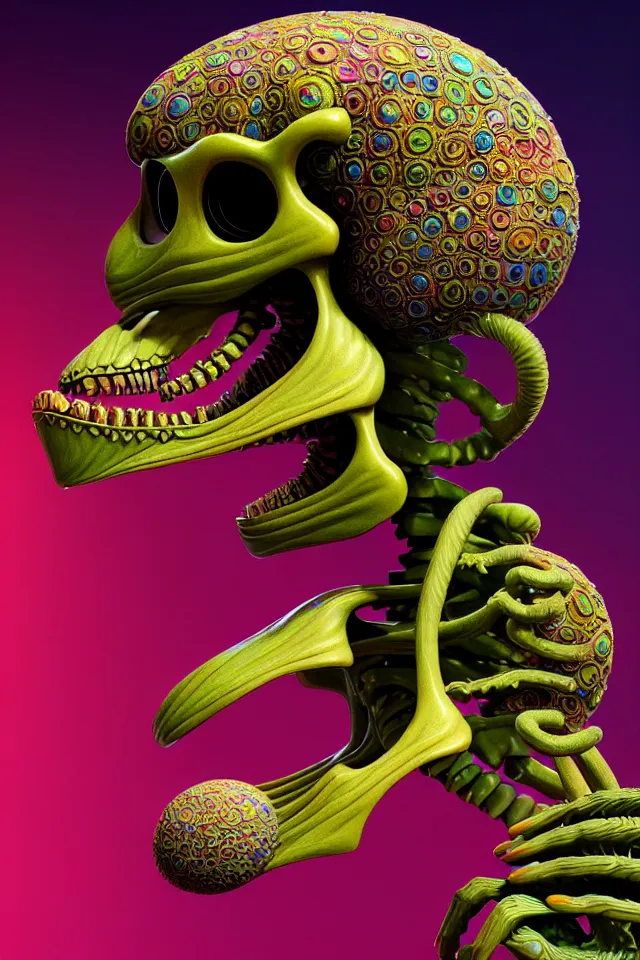 Prompt: side view of a surreal portrait statue of alien skeleton monkey as a psychedelic neural tiki reptile stone god by naoto hattori, android jones, and chris dyer, deep bold colors, galactic dmt entity, depth of field, intricate beautiful painting, billions of details, octane render, portal, 8 k, detailed vector, trending on artstation, cgisociety