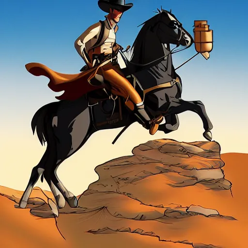 Image similar to gunslinger on a horse overlooking the desert, in the style of Batman the animated series by Bruce Trimm