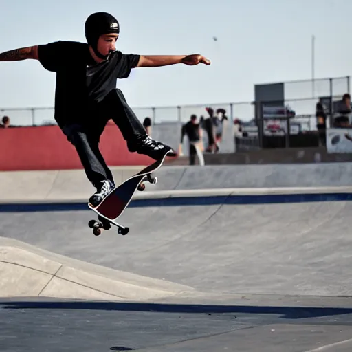 Image similar to skater wearing nike sb dunks doing a kickflip at the venice beach skatepark