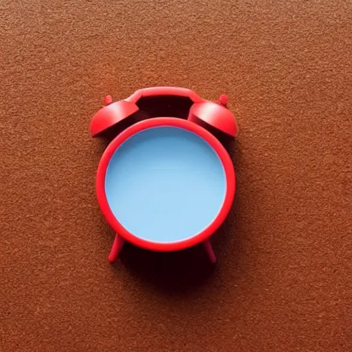 Image similar to Very tiny red alarm clock that looks like the iOS emoji and has the same colors, 3D clay render, 4k UHD, white background, isometric top down left view, diffuse lighting, zoomed out very far