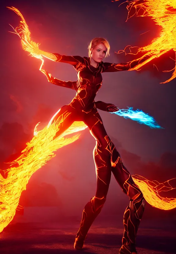 Image similar to vfx, octane render, zbrush, beautiful woman wearing spandex armour with flowing fire hair and glowing eyes, super hero full body action pose casting a fireball in space, volumetric lightning, highly detailed, UE5 render, art station, center of picture.