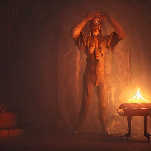 Prompt: a necromancer performing a spell to summon a demon. intricate artwork, octane render, trending on artstation. cinematic, hyper realism, high detail, octane render, 8k, depth of field, bokeh