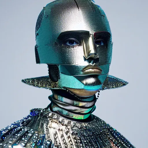 Image similar to a portrait of a beautiful young male wearing an alexander mcqueen armor made of holographic acrylic , photographed by andrew thomas huang, artistic