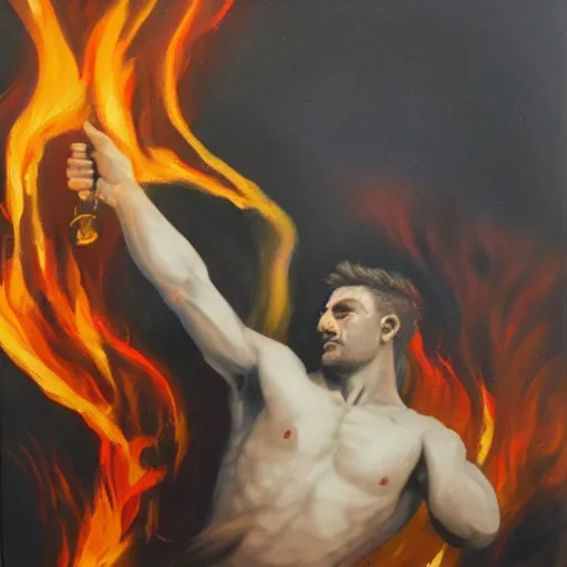 Image similar to Male god dealing with darkness and fire, oil painting