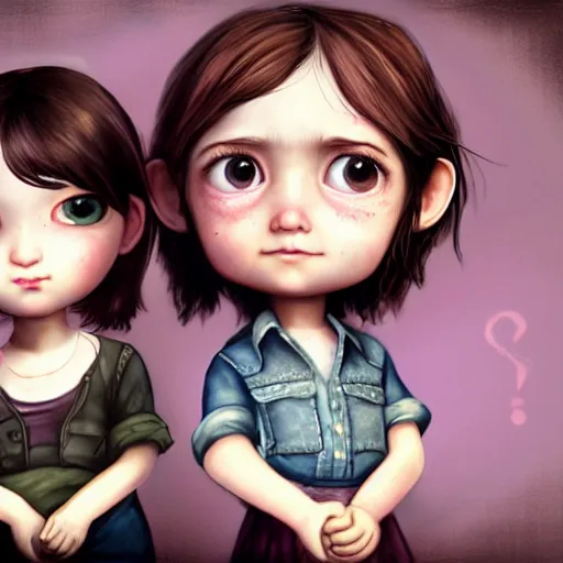 Prompt: Extremely cute and adorable 8k HD key visual of Ellie (The Last of Us) and Marinette Dupain-Cheng posing for the camera doing a v-sign with their fingers, official media, lowbrow painting by Mark Ryden. The art style is quite chibi, with large heads and big wide eyes. 3D render diorama Macro photography