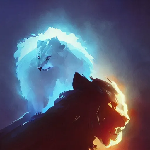 Image similar to raven, lioness, forest, blue flame, moon, dramatic lighting, illustration by Greg rutkowski, yoji shinkawa, 4k, digital art, concept art, trending on artstation