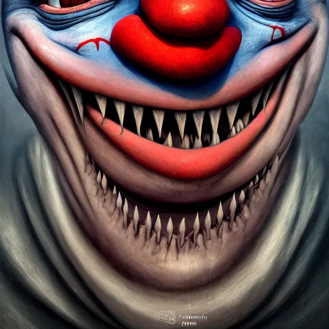 Image similar to gediminas pranckevicius | close up portrait of a evil clown with sharp teeth in the sinister valley of despair, one mouth, one nose, two eyes, oil painting by tomasz jedruszek, cinematic lighting, pen and ink, intricate line, hd, 4 k, million of likes, trending on artstation