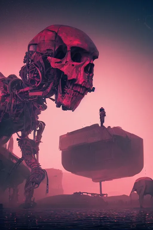 Image similar to beautiful dark bloody flooded landscape, giant robot human skull gears spider legs, in the style of beeple and Mike Winkelmann, photo real, ultra realistic, intricate, epic lighting, 8k resolution, unreal engine 5, ultraviolet colors,