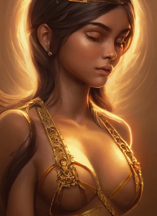 Prompt: teak goddess madison beer, highly detailed, digital painting, trending on artstation, concept art, sharp focus, illustration, art by artgerm and greg rutkowski and magali villeneuve