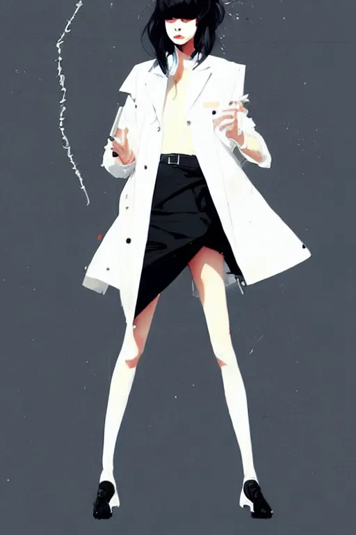 Image similar to a ultradetailed painting of a stylish woman wearing a white jacket with black skirt, by conrad roset, greg rutkowski and makoto shinkai trending on artstation