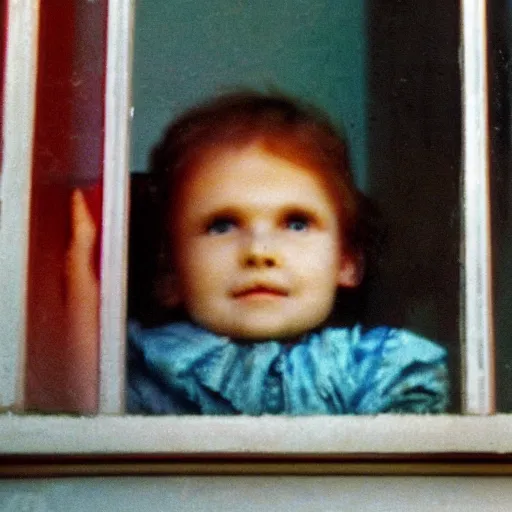 Prompt: zoomed cropped closeup of unexpected voyeuristic eye contact with neighbour in window, technicolor, telephoto lens, vintage photograph