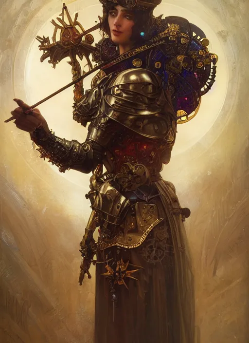 Image similar to hyper realistic knight casting a spell, refined details, denoised, birds eye view, magical, gems, jewels, gold, steampunk, cyberpunk utopia, painted by tom bagshaw, mucha, gaston bussiere, craig mullins, j. c. leyendecker 8 k