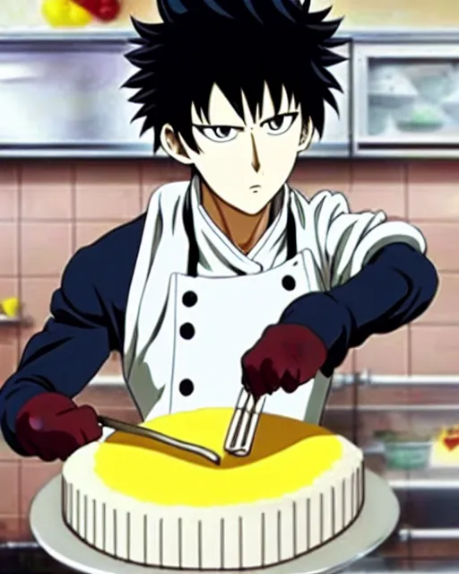 Image similar to chef saitama one punch man, dressed as a pastry chef, fiercely focused at making a cake, beautiful anime artwork