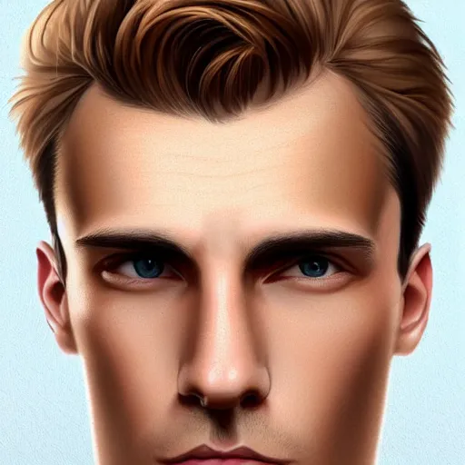 Prompt: tall man in his twenties with brown blond short quiff hair and thin slightly round facial structure with cleft chin, straight eyebrows and prominent nose, good definition of cheekbones, small mouth, big hazel nut brown eyes, narrow face, slim body, atmospheric lighting, painted, intricate, 4 k, highly detailed by charlie bowater