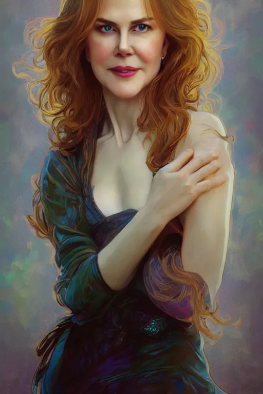 Image similar to portrait of nicole kidman, 8k, rich vivid colors, cinematic lighting, digital art, illustration, french noveau, alphonse mucha, artstation