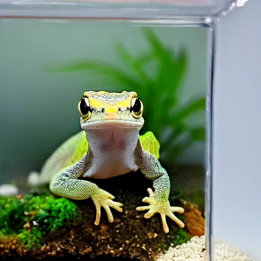 Prompt: cute gecko sitting inside a terrarium