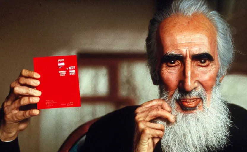 Image similar to movie still close-up portrait of Christopher Lee as a Victorian inventor proudly holding a small red plastic perforated card, by David Bailey, Cinestill 800t 50mm eastmancolor, heavy grainy picture, very detailed, high quality, 4k, HD criterion, precise texture and facial expression