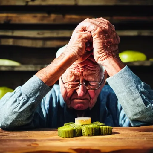 Image similar to an old man is stacking pickles his wife's head, making it look like a tower