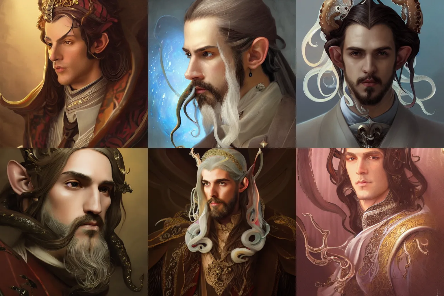 Prompt: high elf venetian aristocrat man with fancy clothes and squid tattoos, soft face with long hair, squid motifs, D&D, fantasy, intricate, cinematic lighting, highly detailed, digital painting, artstation, concept art, smooth, sharp focus, illustration, art by Artgerm and Greg Rutkowski and Alphonse Mucha
