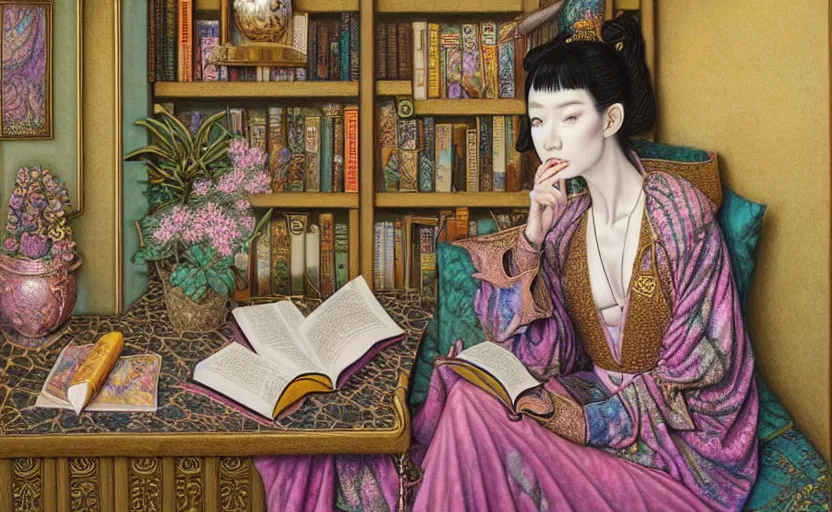 Image similar to a pastel drawing of a female wizard, ornate clothing, lounging on a purpur pillow on the marbled checkered floor in his study room reading an ancient tome. to the side is a potted plant, moody candlelit raytracing. ancient scifi fantasy setting. detailed face, sharp focus. by chie yoshii and mati klarwein