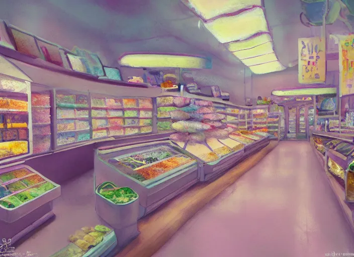 Image similar to placid pastel deep cozy moody cluttered painterly fluffy tiny cramped pet store counter, aisles of aquariums, slanted ceiling, tiny space, particulate, trending on pixiv