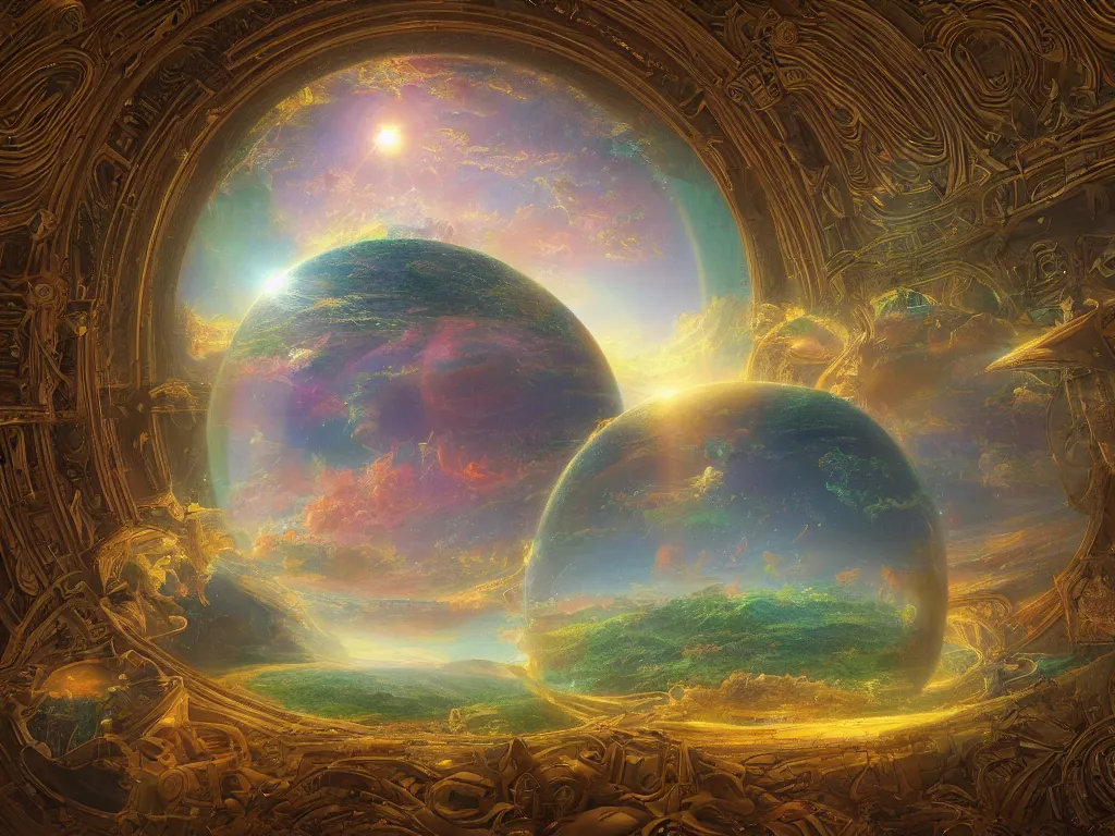 Image similar to The universe is a spheroid region 705 meters in diameter, 3d render, Sunlight Study, by Thomas Cole and ((((Lisa Frank)))), Art Nouveau, 8k, extreme detail, sharp focus, octane render