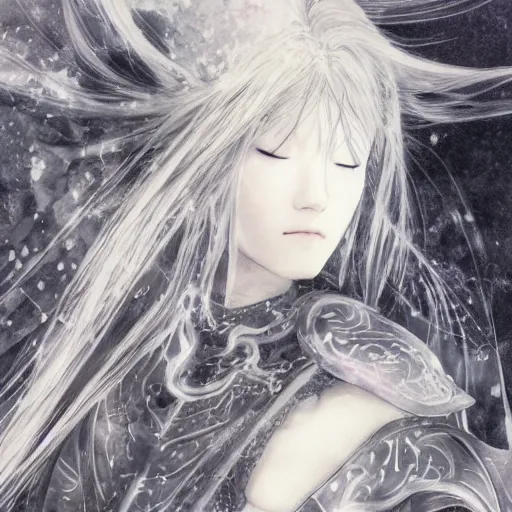Prompt: Yoshitaka Amano blurred and dreamy illustration of an anime girl with closed eyes, wavy white hair and cracks on her face wearing elden ring armour with the cape fluttering in the wind, abstract black and white patterns on the background, noisy film grain effect, highly detailed, Renaissance oil painting, weird portrait angle