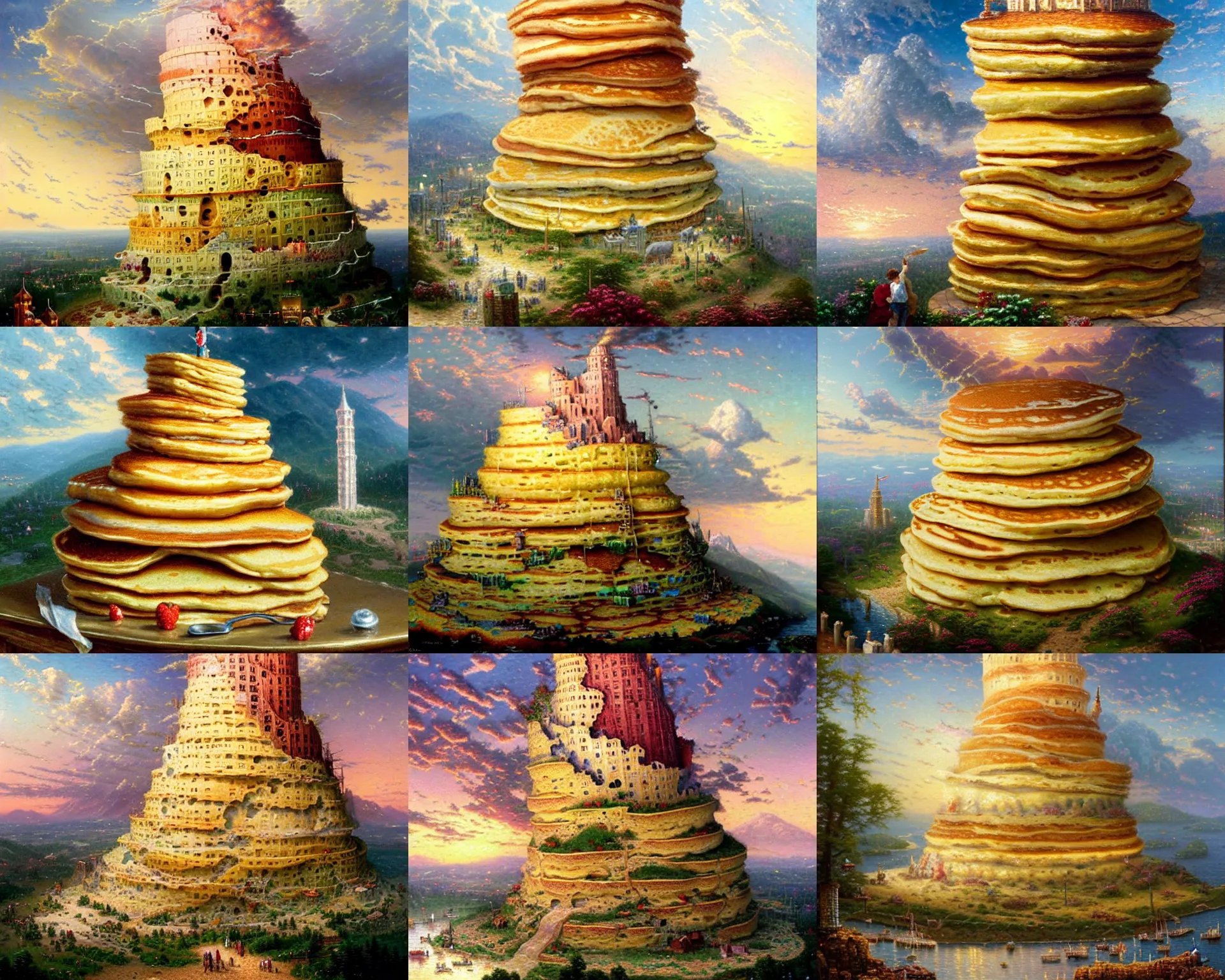 Prompt: stack of buttermilk pancakes in the shape of the tower of babel by thomas kinkade, oil on canvas