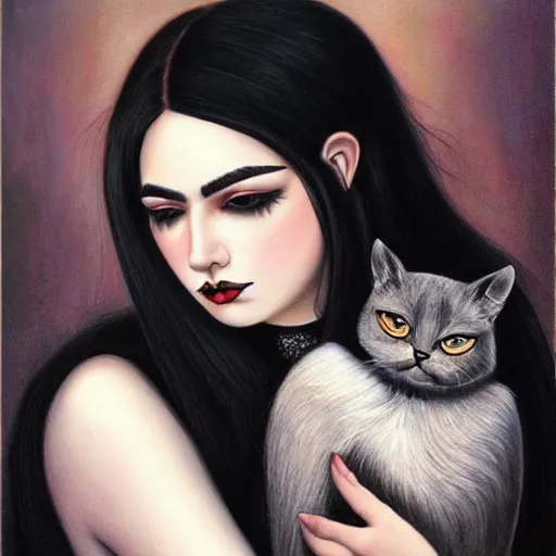 Prompt: a painting of an emo mexican woman with long dark hair thick eyebrows dark eyes and dark circles wide nose big eyes oval face shape big cheeks holding her cat, photorealistic painting by tran nguyen, featured on deviantart, gothic art, goth, gothic, detailed painting