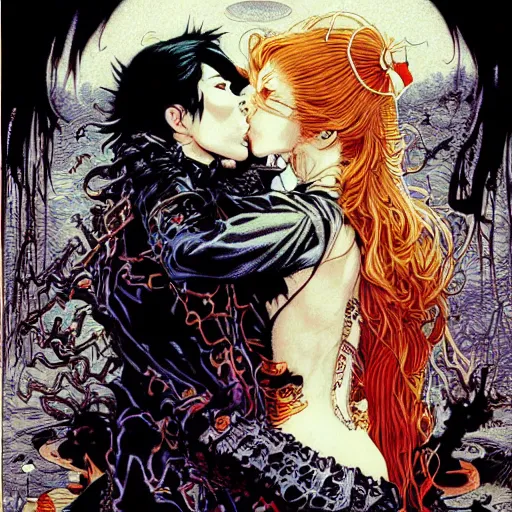 Image similar to vampire kiss, by yoichi hatakenaka, masamune shirow, josan gonzales and dan mumford, ayami kojima, takato yamamoto, karol bak