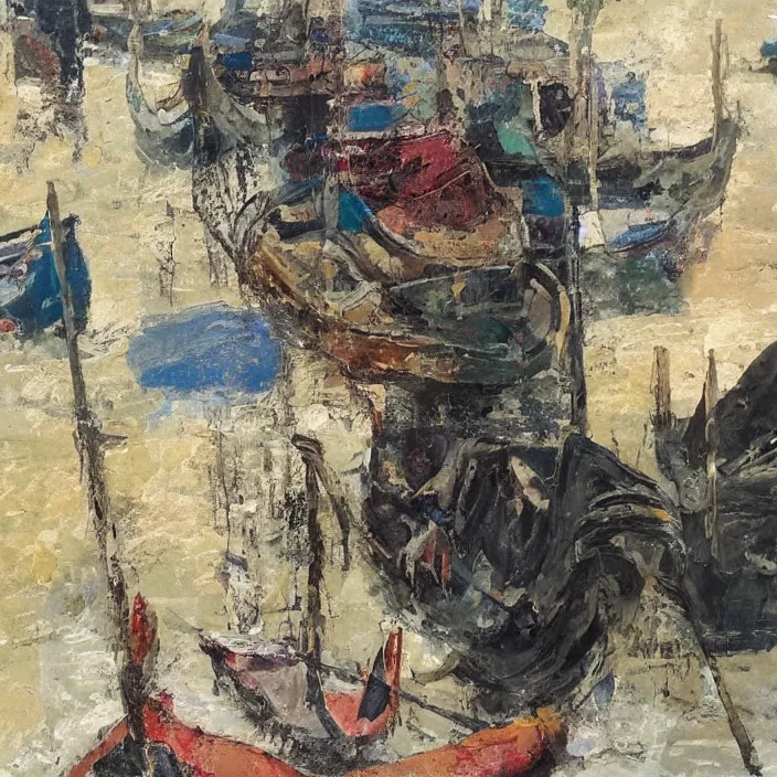 Image similar to venetian gondolas in the style of dali, pastel colors, chiaroscuro, bleached colors, cold shades, perfect beautiful, palette knife, surreal