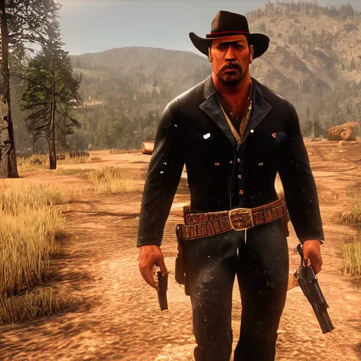 Image similar to dwayne the rock johnson as red dead redemption screenshot from red dead redemption