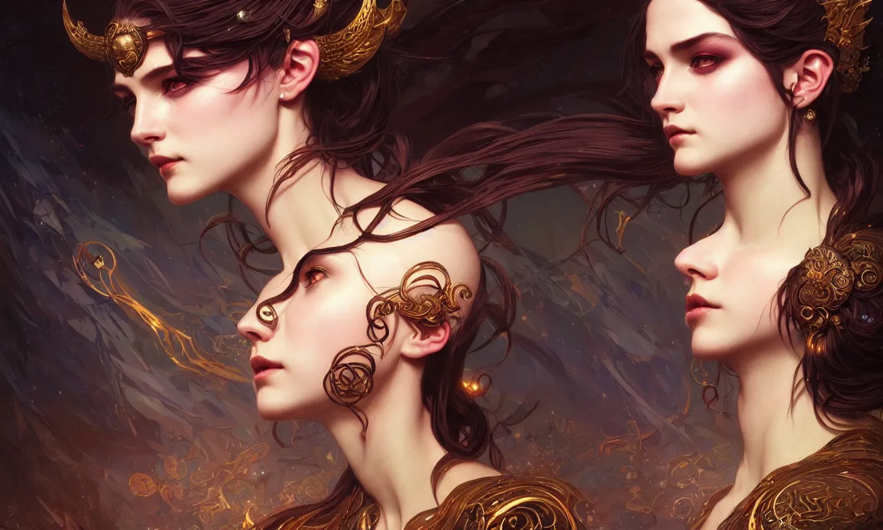 Image similar to portrait of chaos goddess closeup filled background around face, fantasy magic, undercut hairstyle, dark light night, intricate, elegant, sharp focus, illustration, highly detailed, digital painting, concept art, matte, art by wlop and artgerm and greg rutkowski and alphonse mucha, masterpiece