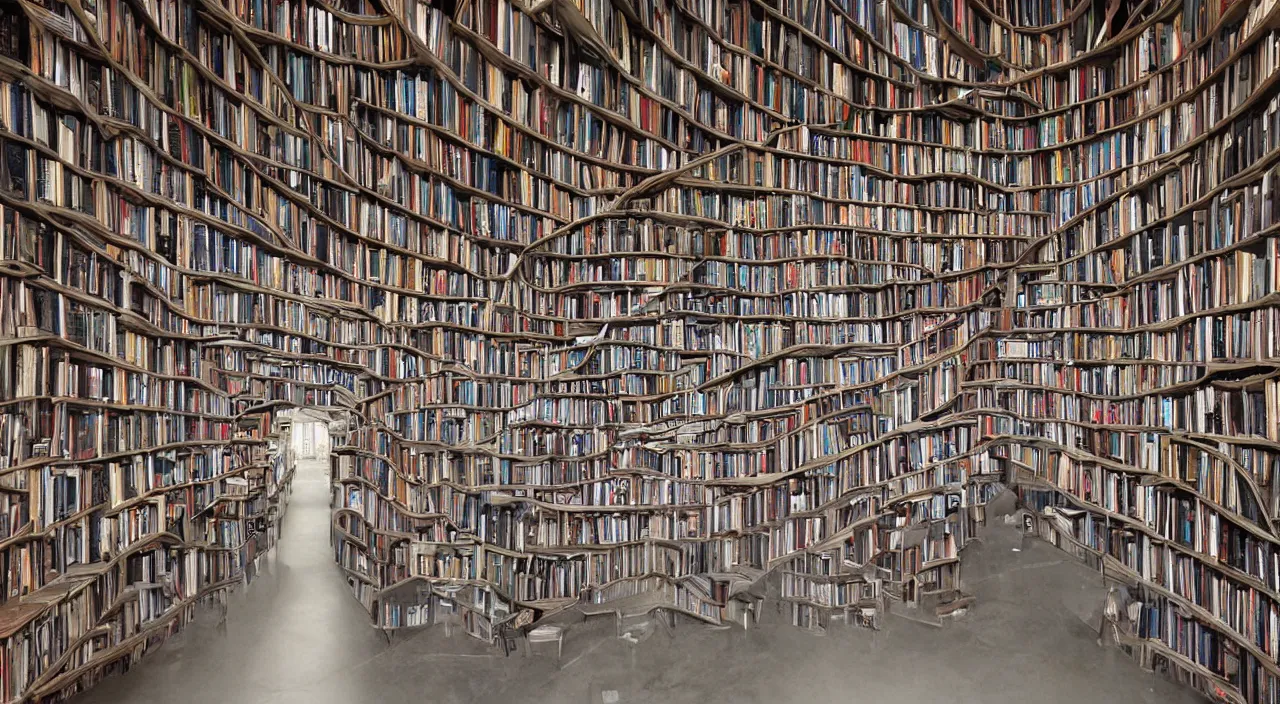 Prompt: Infinite tunnel made of bookshelfs, high detailed award winning photograph,