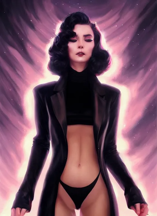 Prompt: lady in black coat and pantyhose in cosmic horror style, giant star, intricate, seductive confident pose, realistic, extremly high detailed, shiny, 8 k, digital painting, art by wlop and artgerm and ross tran and greg rutkowski, charlie bowater