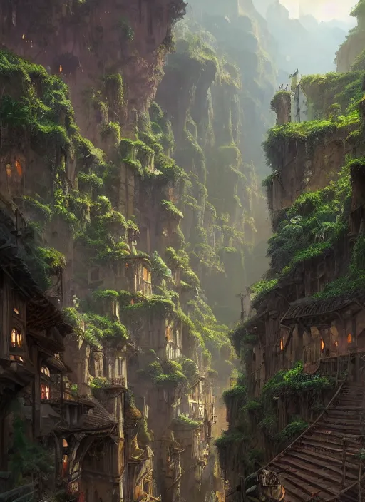 Prompt: medieval city built on terraces in a gigantic canyon, lots of buildings connected by hanging bridges, waterfalls, warm glow coming the ground, lush vegetation, pitchblack sky, extremly detailed digital painting, in the style andreas rocha and greg rutkowski and peter mohrbacher, rim light, beautiful lighting, 8 k, stunning scene, octane, trending on artstation