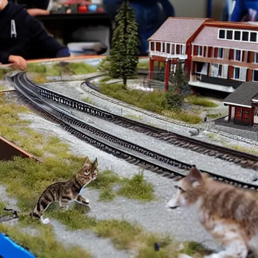 Prompt: a huge model railroad scene built on top of a ping pong table, it is being attacked by many cats,