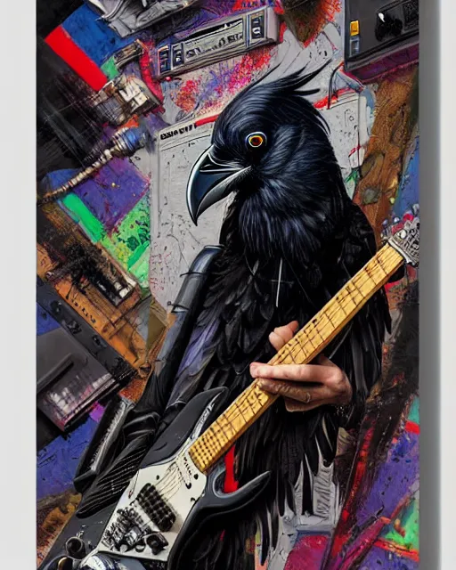 Image similar to a portrait of an anthropomorphic cyberpunk raven shredding an electric guitar by sandra chevrier, by jon foster, detailed render, tape deck, epic composition, cybernetics, 4 k realistic, cryengine, realistic shaded lighting, sharp focus, masterpiece, by enki bilal