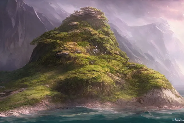 Image similar to an island from afar with forests and a mountain in open ocean, art by Charlie Bowater, artstation, highly detailed, magic the gathering art, fantasy